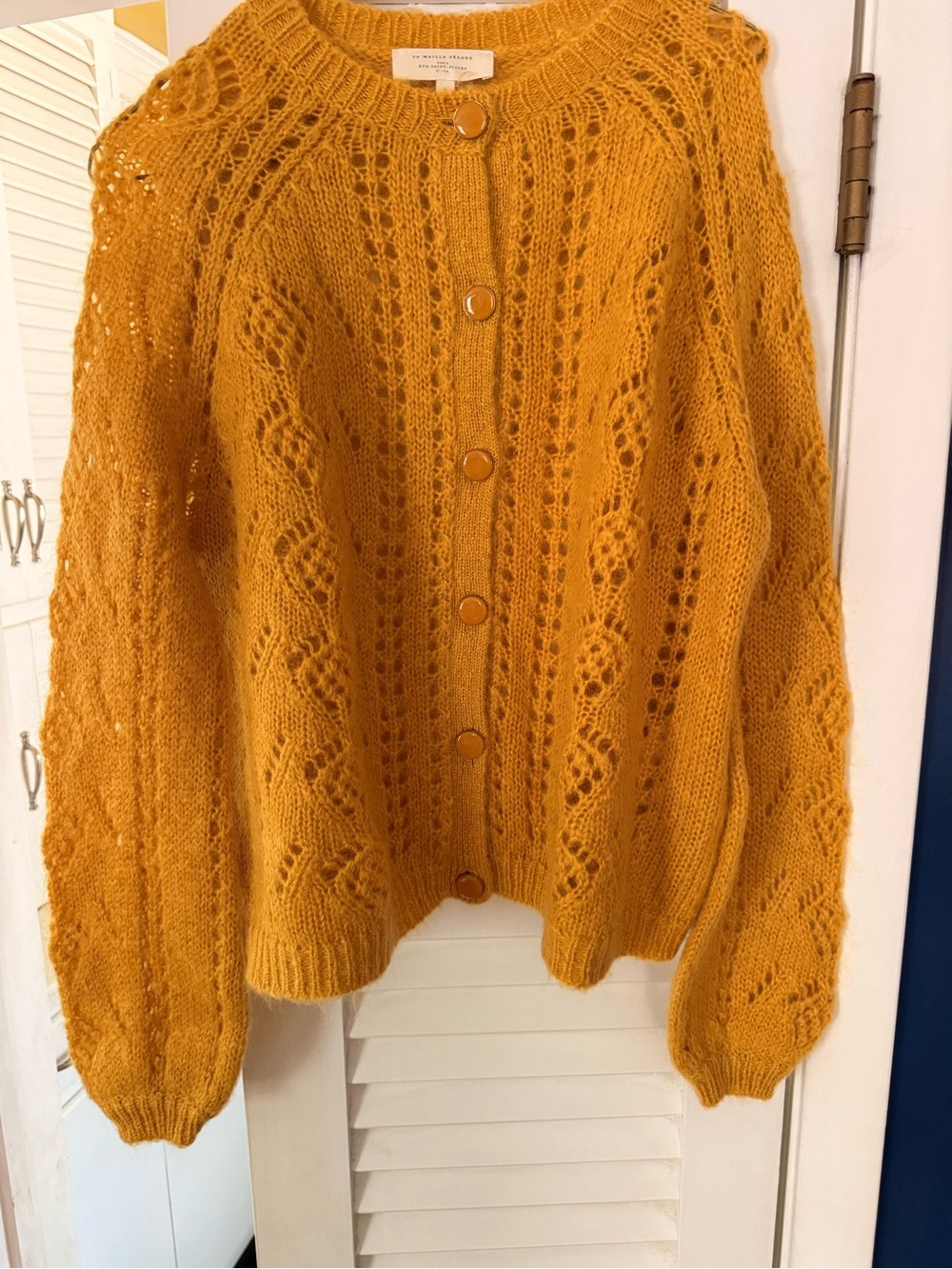 Sezane Mustard Pointelle Knit Cardigan